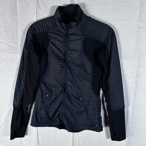 Asics‎ Womens Small Black Grey Geometric Full Zip Running Jacket Thumbholes